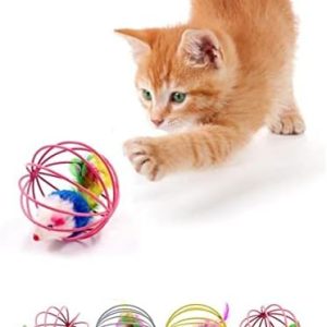 Buffer® Renkli Metal Kafesli Peluş Fareli Kedi Köpek Oyuncağı Oyun Topu 6 cm