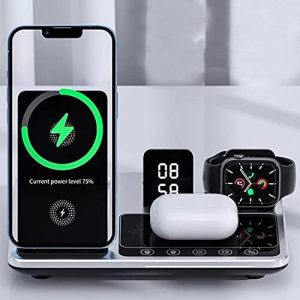 Coverzone iPhone ile Uyumlu Kablosuz Şarj Cihazı 15W Qc Speed Dock İstasyon Magsafe ile Uyumlu 4in1 Apple Watch ile Uyumlu Şarj Airpods ile Uyumlu Şarj Cihazı Gece Lambası Dijital Saat R11