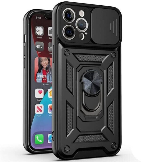 Coverzone iPhone 14 Pro Max ile uyumlu Kılıf Kamera Korumalı Sürgülü Toz ve Kirden Koruyan Standlı Yüzük Tutuculu Vega Siyah iPhone 14 Pro Max ile uyumlu Kılıf Siyah