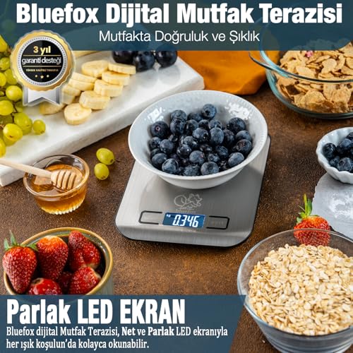 Bluefox Dijital Mutfak Terazisi – Paslanmaz Çelik Yüzeyli Hassas Mutfak Tartısı – Dara İşlevi, LED Ekran, 5 Birim Dönüştürme ve Otomatik Kapanma Özellikli – 5 kg Tartı Kapasitesi – MaviKutu
