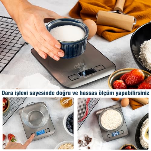 Bluefox Dijital Mutfak Terazisi – Paslanmaz Çelik Yüzeyli Hassas Mutfak Tartısı – Dara İşlevi, LED Ekran, 5 Birim Dönüştürme ve Otomatik Kapanma Özellikli – 5 kg Tartı Kapasitesi – MaviKutu