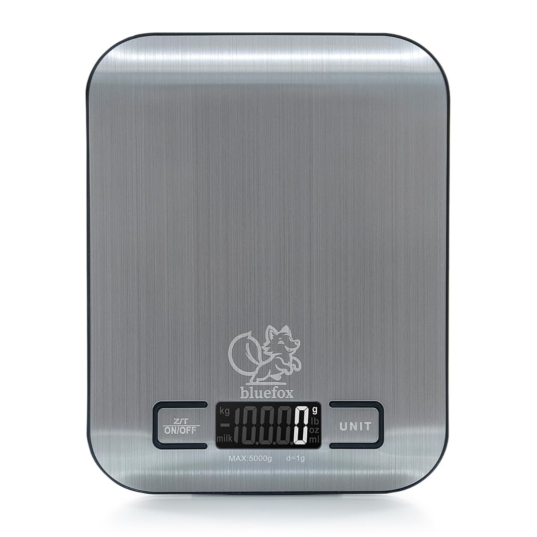 Bluefox Dijital Mutfak Terazisi – Paslanmaz Çelik Yüzeyli Hassas Mutfak Tartısı – Dara İşlevi, LED Ekran, 5 Birim Dönüştürme ve Otomatik Kapanma Özellikli – 5 kg Tartı Kapasitesi – MaviKutu