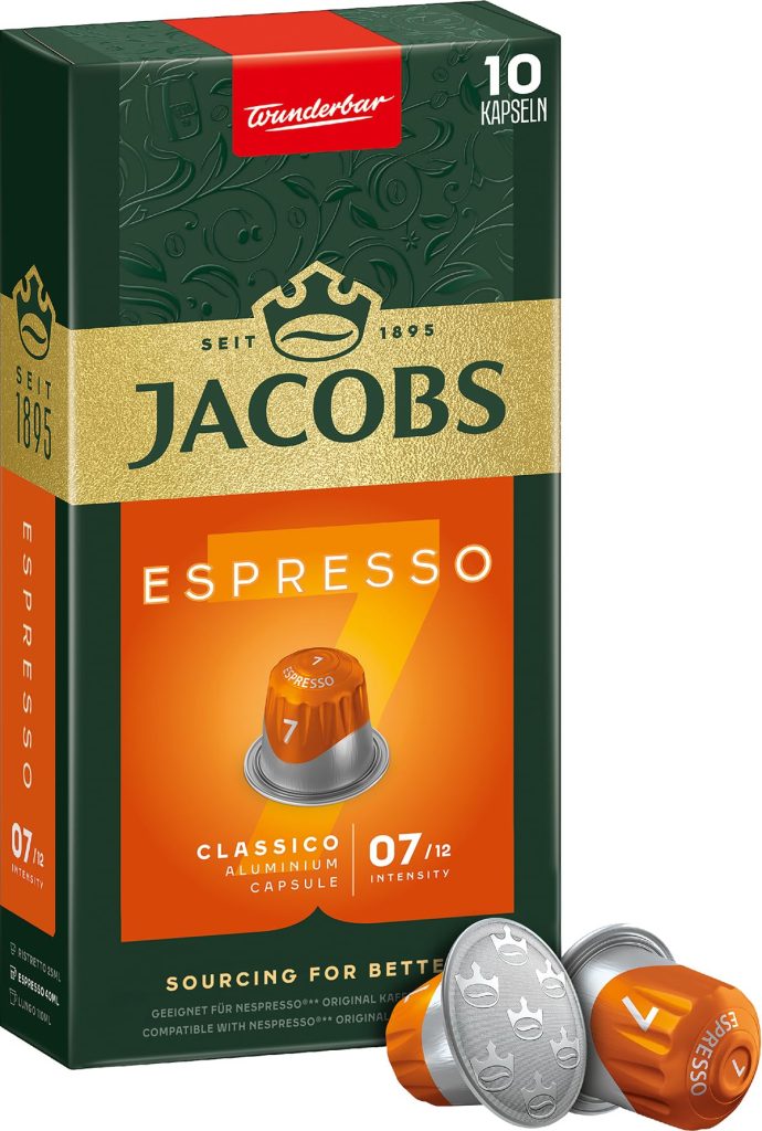 JACOBS – Espresso 7 Classico – Orta Yoğunluk – Dengeli ve Meyvemsi – Espresso Kapsülleri – 10 alüminyum kapsül – MaviKutu