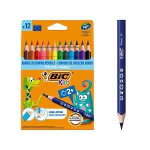 BIC Kids Evolution Üçgen Jumbo Kuru Boya Kalemi, 12'li Kutu, 2 Yaş ve Üzeri Çocuklar için İdeal, Kıymık Oluşturmaz, Çiğnemeye Karşı Dayanıklı – MaviKutu