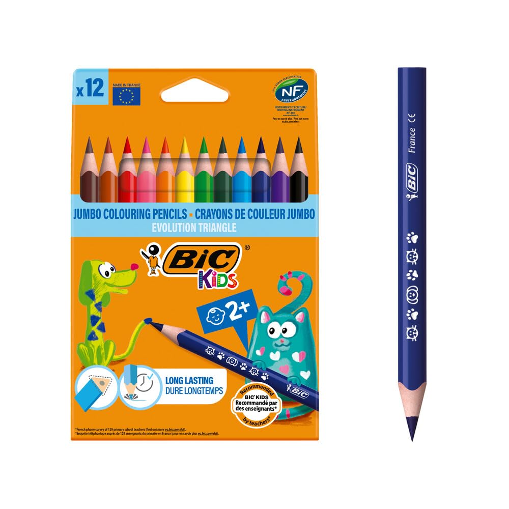 BIC Kids Evolution Üçgen Jumbo Kuru Boya Kalemi, 12'li Kutu, 2 Yaş ve Üzeri Çocuklar için İdeal, Kıymık Oluşturmaz, Çiğnemeye Karşı Dayanıklı – MaviKutu