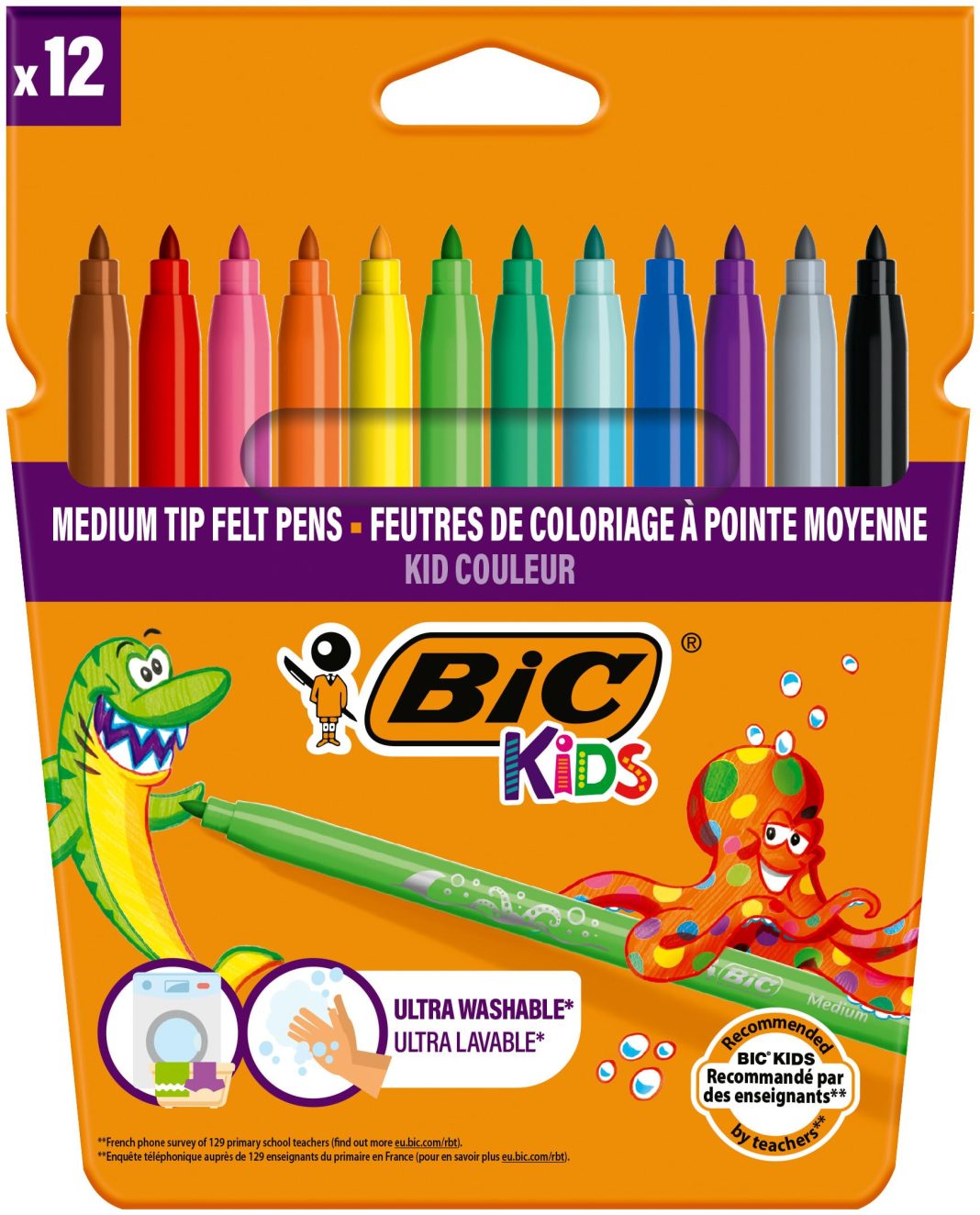 BIC Kids Kid Couleur Ultra Yıkanabilir Keçeli Boya Kalemi 12 Renk, Kolayca Çoğu Kumaştan Çıkar, Su Bazlı Keçeli Kalem – MaviKutu