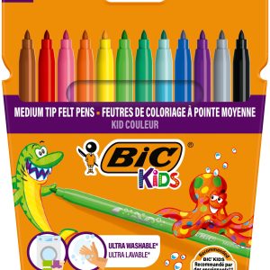 BIC Kids Kid Couleur Ultra Yıkanabilir Keçeli Boya Kalemi 12 Renk, Kolayca Çoğu Kumaştan Çıkar, Su Bazlı Keçeli Kalem – MaviKutu