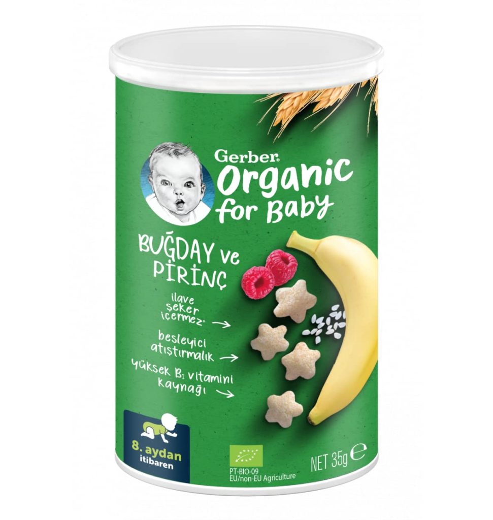 Gerber Organik Pirinçli, Buğdaylı, Muzlu ve Ahududulu Bebek Atıştırmalığı 35 g – MaviKutu
