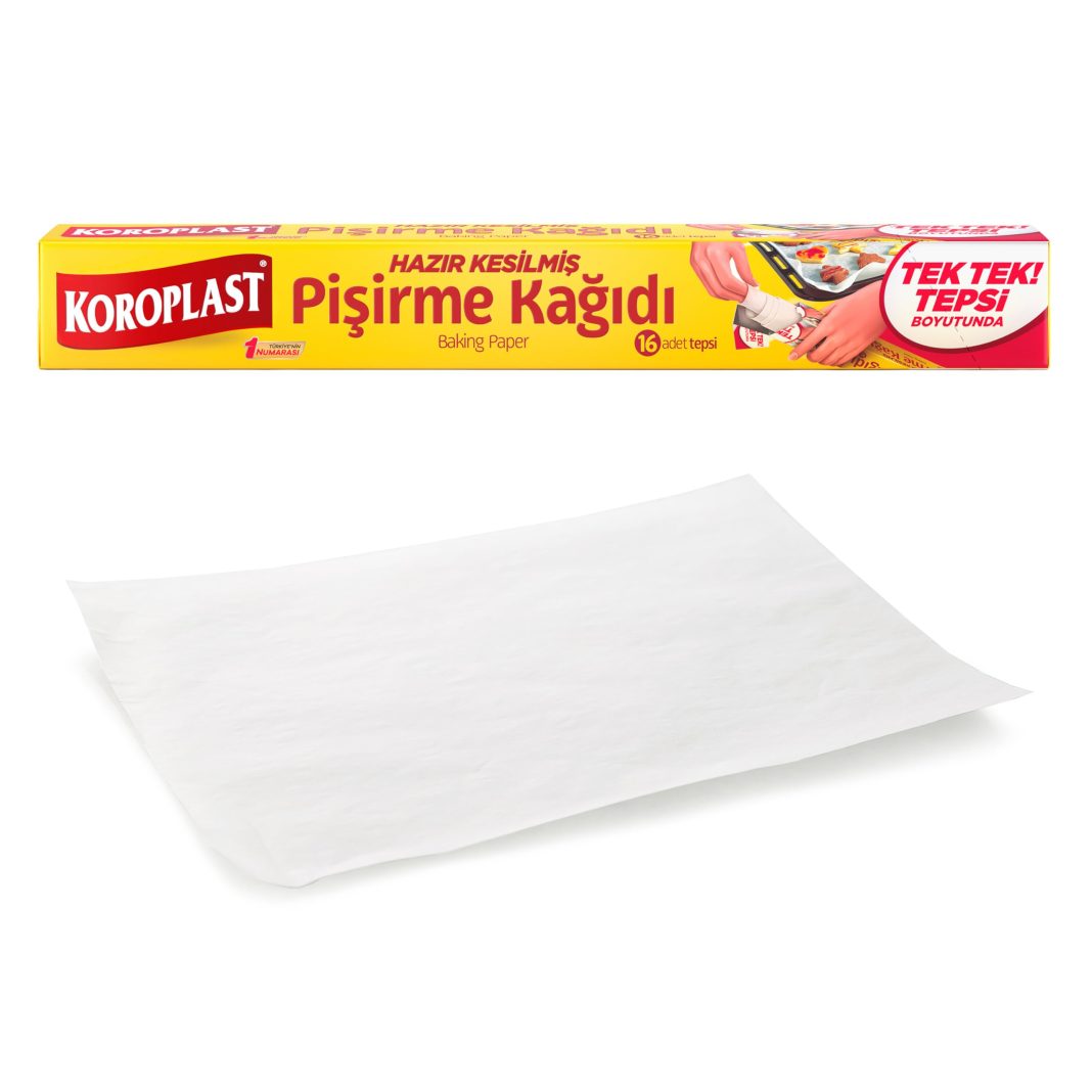 Koroplast Hazır Kesilmiş Pişirme Kağıdı 16 adet 42×37 cm, Helal Sertifikalı BPA İçermez, Fırında Tavuk, Et, Tatlı, Börek Pişirmek için Yüksek Isıya Dayanıklı Hazır Fırın Pişirme Kağıdı Yapışmaz Yanmaz – MaviKutu