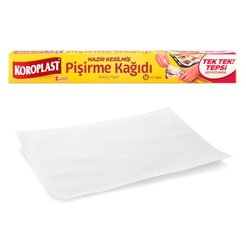 Koroplast Hazır Kesilmiş Pişirme Kağıdı 16 adet 42×37 cm, Helal Sertifikalı BPA İçermez, Fırında Tavuk, Et, Tatlı, Börek Pişirmek için Yüksek Isıya Dayanıklı Hazır Fırın Pişirme Kağıdı Yapışmaz Yanmaz – MaviKutu