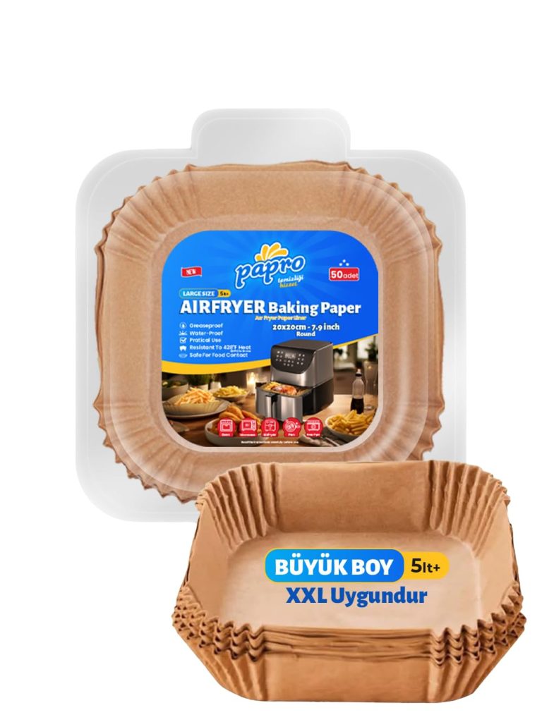 papro Airfryer Pişirme Kağıdı, Fritöz Yağlı Kağıdı, Yanmaz Kağıt XXL Uyumlu 50 Adet (Kare) (1, Kare Büyük Boy 20×20) – MaviKutu