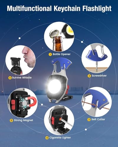 Orret Home Çok Fonksiyonlu Mini El Feneri – COB Anahtarlık Tipi, 7 Modlu 800 Lümen Işık, USB Type-C Şarjlı, Kamp Ateş Başlatıcı, Düdük, Jilet, Şişe Açacağı, Acil Durum ve Outdoor Kullanım İçin – MaviKutu
