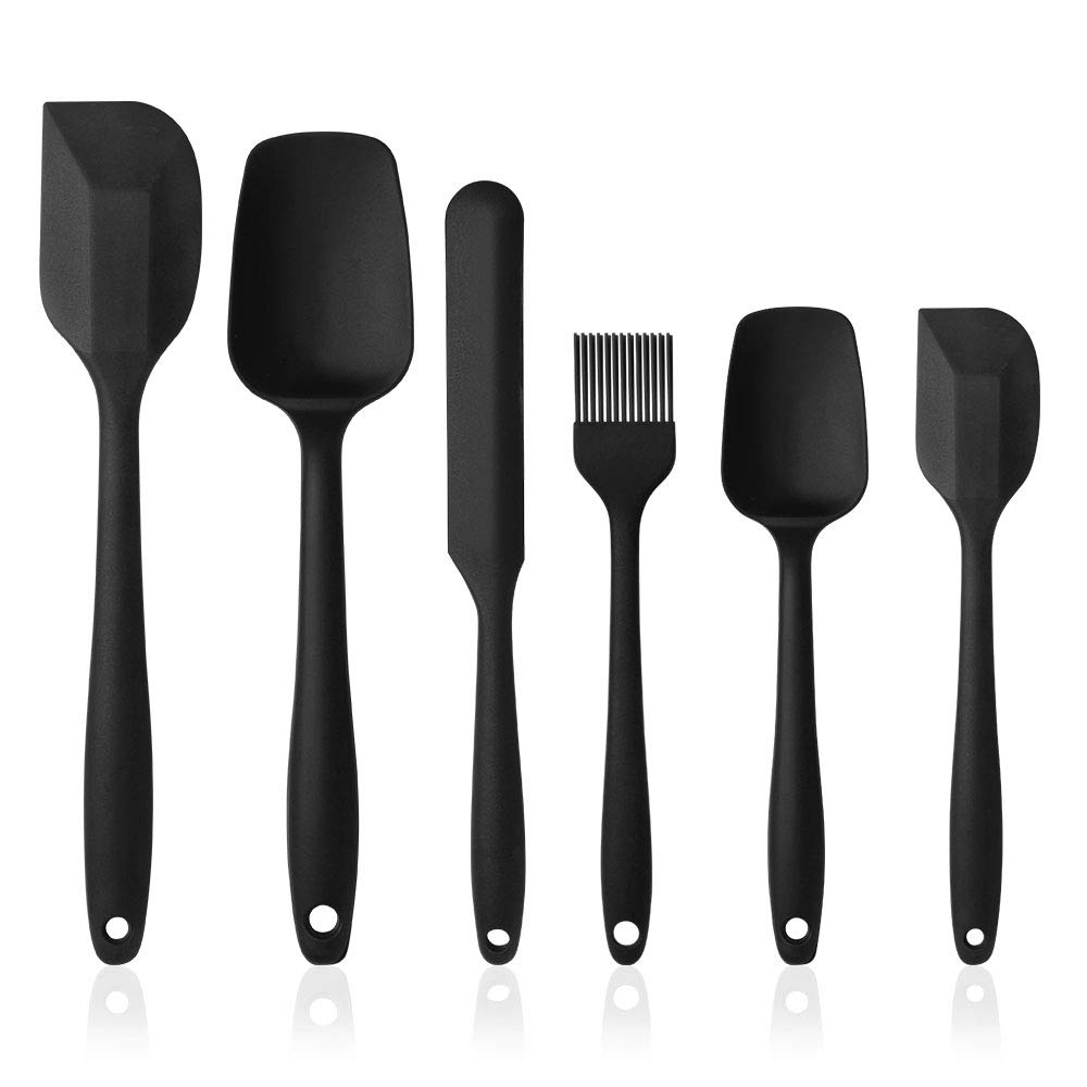 Vicloon Silikon mutfak yardımcısı, 6 adet silikon spatula, çorba kaşığı, fırın fırçası, spatula, ısıya dayanıklı ve yapışmaz, paslanmaz çelik ve dikişsiz tek parça tasarım (siyah) – MaviKutu