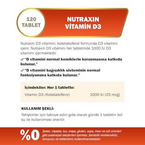 Nutraxin D3K2 120 Tablet – 1000 Iu D3 Vitamini, 25 Mcg K2 Vitamini – MaviKutu