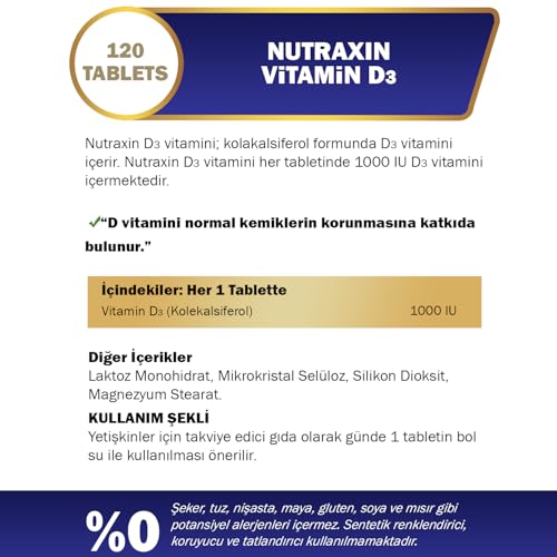 Nutraxin D3K2 120 Tablet – 1000 Iu D3 Vitamini, 25 Mcg K2 Vitamini – MaviKutu