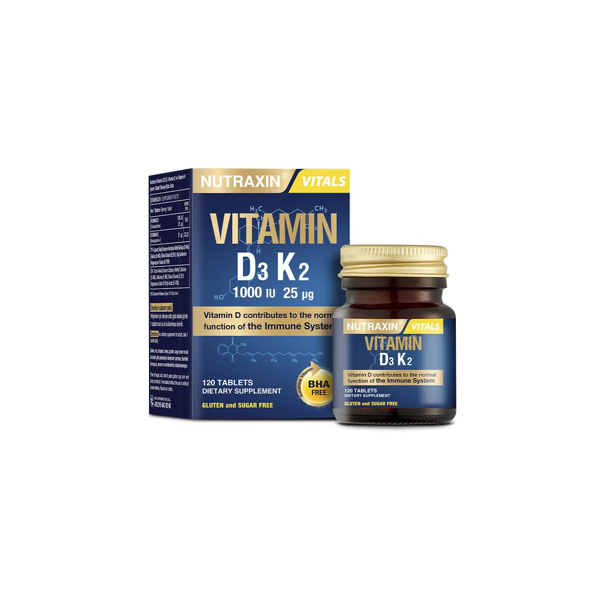 Nutraxin D3K2 120 Tablet – 1000 Iu D3 Vitamini, 25 Mcg K2 Vitamini – MaviKutu