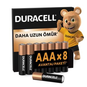 DURACELL BASIC AAA Alkalin İnce Kalem Pil (8'li Paket) – 1,5V – Daha Uzun Ömürlü – Günlük Cihazlar için Güvenilir Güç – Plastik İçermeyen Ambalaj – MN2400 – MaviKutu
