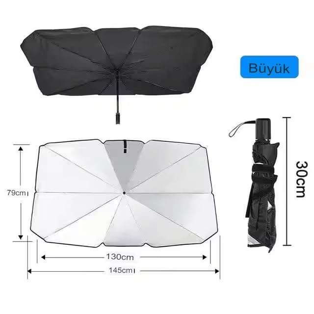 Araç İçi Ön Cam Güneşliği, Katlanabilir Şemsiye Şeklinde Otomobil Ön Cam Güneşliği,%99 Etkin Koruma, Otomobil, SUV, (140 X 79 CM) – MaviKutu