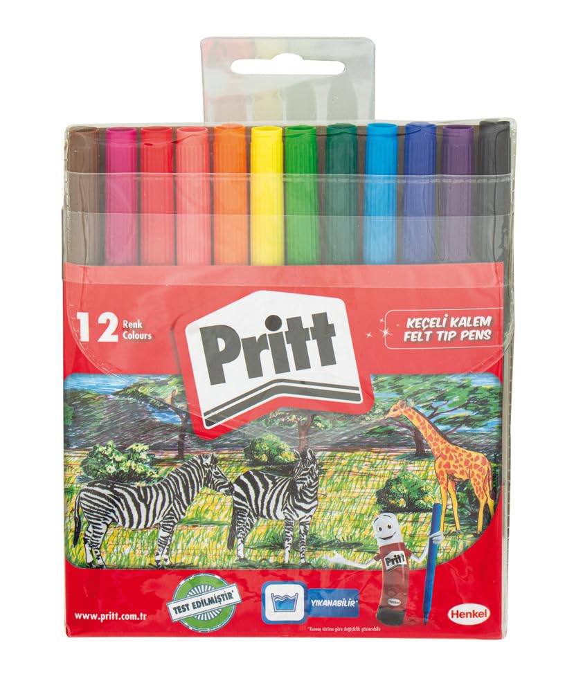 Pritt Keçeli Kalemler, çocuk dostu zararsız boya, su bazlı renkli kalem, silinebilir boya kalemi, dayanıklı kırtasiye malzemesi, 12 Renkli Paket – MaviKutu