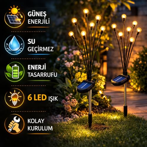 ARVALE Güneş Enerjili Ateş Böceği Bahçe Lambası 1 Adet 6'lı Demet Solar Dekoratif Bahçe Aydınlatması – MaviKutu