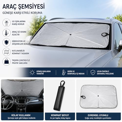 ARVALE Katlanabilir Araç Ön Cam Güneşlik Şemsiyesi UV Korumalı – MaviKutu