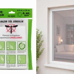 Pratik Sineklik Hazır Tül Sineklik Tek Kanat 75 cm x 125 cm, Kapı ve Pencere Uyumlu Pimapen için Böcek Ve Sinek Engelleyici Tül, 4 metre Yapıştırma Bantlı – MaviKutu